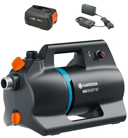 Gardena Bomba de jardín con batería 3000 Silent 18V P4A Set listo para usar: Potente, Operación silenciosa, Cuerpo protegido contra lluvia y UV, Protección contra el funcionamiento en seco (14610-20)