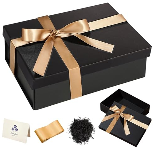 Black Gift Box, Large Gift Box with Lids 40x30x15cm, Gift Boxes with Silk Ribbon Shredded Tissue Paper, Gift Boxes for Valentine' s Day Presents Holidays Anniversaries