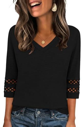 Zeagoo Women's 3/4 Sleeve Tops V Neck Summer Blouses Plain Loose Tunic Tops Eyelet Shirts Going Out Shirt S-XXXL