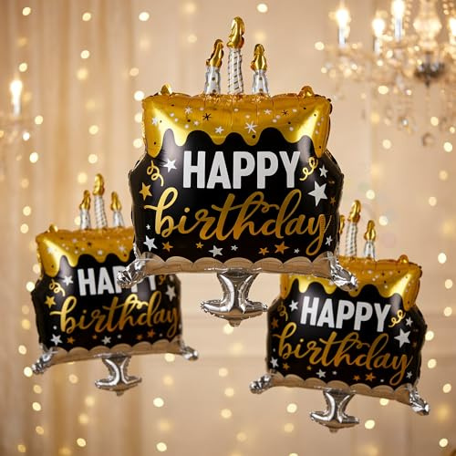 Black Gold Birthday Balloons Set - Elegant Foil Balloons for Adult Party Decorations (3 Pack, 27x19 Inch) - Cake & Candle Design, Premium Quality