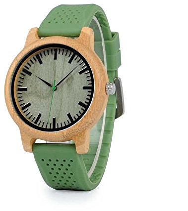 BOBO BIRD Mens Womens 44mm Natural Bamboo Wooden Watch Unisex Japan Analog Quartz Green Silicone Strap Sports Casual Watches with Gift Box