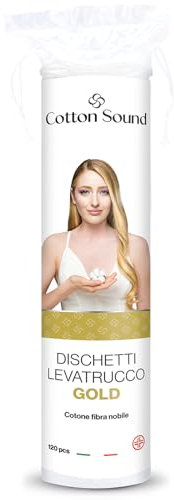 COTTON SOUND GOLD Dischetti Struccanti 120 Pezzi, Dischetti 100% Cotone, Adatti alle Pelli Sensibili, Ideali per la Rimozione del Trucco, Lato Liscio e Lato Goffrato, Made in Italy