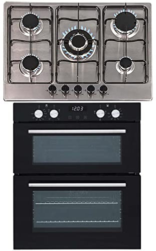 SIA 60cm Black Built Under Double Oven And 70cm 5 Burner Stainless Steel Gas Hob
