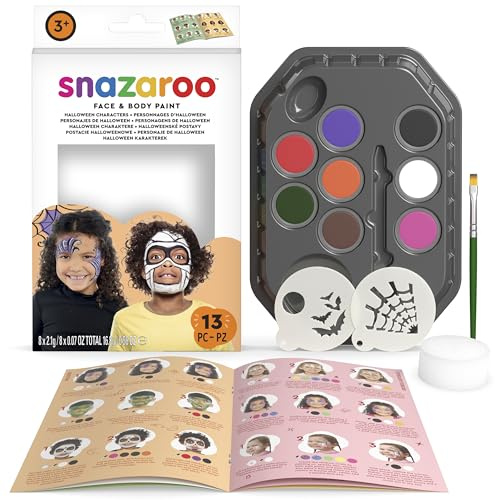 Snazaroo Halloween Face Painting Palette Kit for Kids & Adults, 8 Colours, 13pcs, Stencils, Brush, Sponge, Guide, Water Based, Easily Washable, Non-Toxic, Makeup, Body Painting & Parties