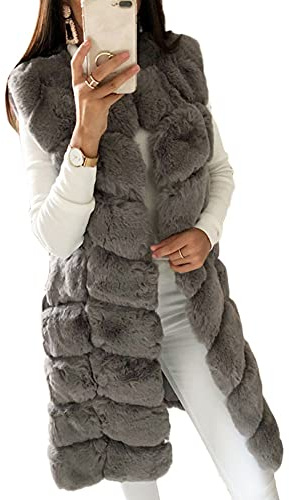 DAIHAN Donna Giacca Senza Maniche in Pelliccia Sintetica Gilet Caldo Giacca Elegante Cardigan Lungo Elegante Cappotto Smanicato Leggero,Grigio,L
