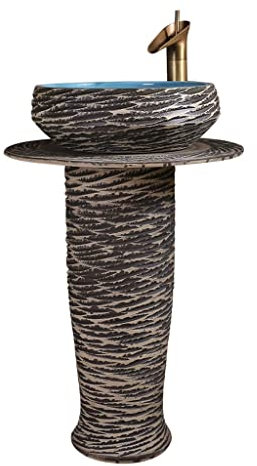 UNNS Fregadero de Pedestal Lavabo de cerámica Lavabo de Pedestal con patrón de Piedra Fregadero de baño Independiente Integrado Retro (Color : A)