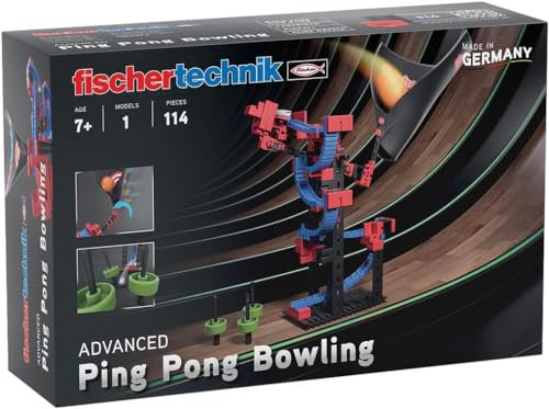 fischertechnik 569017 Advanced Ping Pong Bowling / Baukasten für Kinder ab 7 Jahre, Konstruktionsspielzeug, Kegelspiel mit Trichter, Schwarz