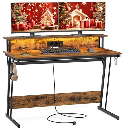 VASAGLE Bureau Gaming avec LED et Multiprise, Table Gamer, Bureau Informatique avec Rehausseur d’Écran, pour 2 Ordinateurs, pour Chambre, 60 x 120 x 76 cm, Marron Rustique LWD192K01