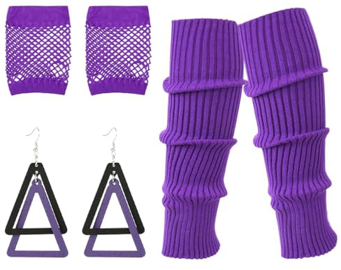 KSJEHW 3 Pcs Set de Calentadores de Piernas Elásticos de Neón y Guantes de Rejilla Accesorios Disfraces los Años 80