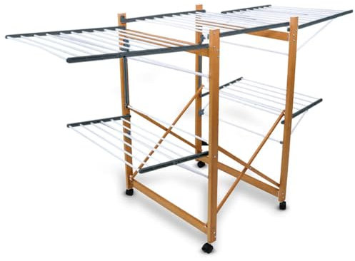 BAKAJI Stendibiancheria Estensibile per Esterno ed Interno Capienza XXL, Stendi Biancheria Pieghevole a 2 Livelli con Ali Allungabili, Stendino Richiudibile Salvaspazio Slim Allungabile con 4 Ruote