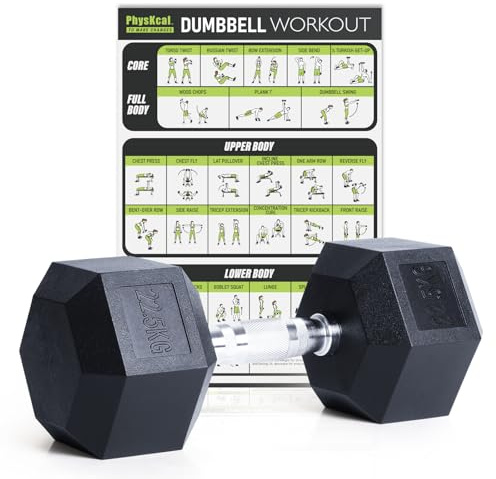 PhysKcal Hexagon Hanteln Poly-Gummierte | 22,5 kg 1 Stück | Rutschsicher Ummantelt | Ergonomische Verchromte Griffe | Kurzhantel-Set | Dumbbells Set