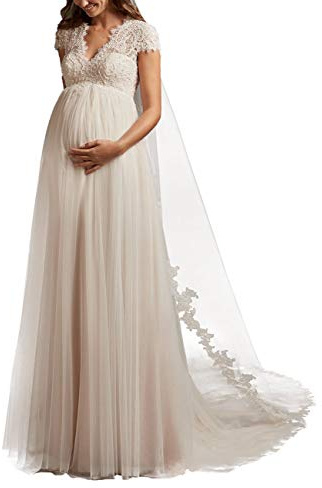 WZEFEIO Abiti da Sposa Abiti da Sposa Lungo A-Line Pizzo Moda da Sposa Civil Office Dresses Principessa Grandi Taglie per Le Donne Incinte, Avorio, 48