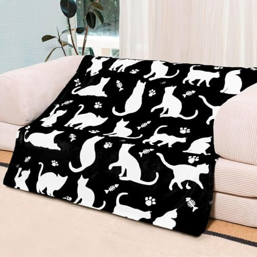 YISUMEI Katze Kuscheldecke für Kinder,Katzenmotiv Decke Kinder Weich Flauschig Fleecedecke Karikatur Einfaches Schwarz-Weiß Design Geschenke für Junge Mädche