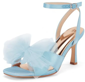 Coutgo Womens Lace Bow Heels Sandals Open Square Toe Stiletto High Heel Ankle Strap Bride Wedding Dress Shoes, Sky Blue, Size 8