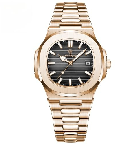 Poedagar Orologio da polso da uomo alla moda, cinturino in acciaio inox, al quarzo, impermeabile, luminoso, con data, quadrato, da uomo