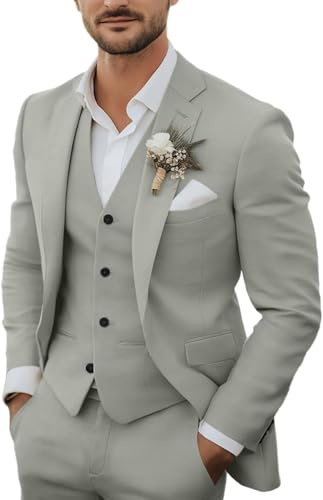 Men's 3 Piece Linen Suits Set Regular Fit Casual Lightweight Blazer Jacket Vest and Pants Light Grey L