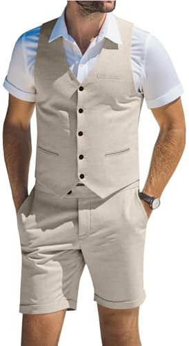 Men's Suit Linen 2 Piece Vests Short Pants Suits for Men Casual Summer Beach Groomsmen Wedding Waistcoat Set Outfit, Beige, XXL