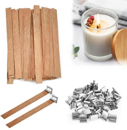 Byfoyif 80 Pcs Mèche Bougie Bois avec 40 Pcs Support Mèche Bougie Métal, Mèche Bois Crépite 13x130mm, Mèches Bougie Cire Longues, Candle Wicks Découpable, pour Fabrication Bougies DIY Artisanat