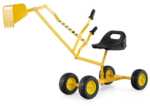 GYMAX Escavatore per Bambini, Scavatrice in Metallo Resistente con Sedile Girevole a 360°, Gru Escavatrice a Pedali, Giocattolo da Spiaggia per Sabbia, Terra e Neve, Escavatore a Pedali