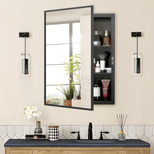 THEPDLL Recessed Medicine Cabinet with Mirror 20x26 inch, Mirrored Medicine Cabinets for Bathroom, Black Bathroom Mirror with Storage, Metal Medicine Cabinet with Mirror, 2 Adjustable Metal Shelves