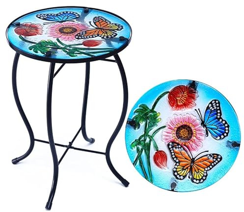 YNGFIL 10 Inch Round Butterfly Glass Side Table, Patio Small Table, Outdoor Side Table, Outdoor Bar Table, Metal Glass End Table for Porch Garden Patio Pool Living Room