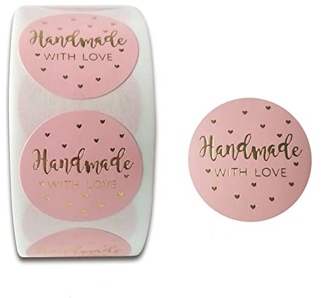lurora2021 500 Stück Handgemacht Mit Liebe Aufkleber Selbstklebend Geschenkaufkleber Aufkleber Label Geschenkaufkleber Aufkleber Rollen für DIY-geschenkaufkleber, Siegeldekoration, 1 Rolle Rosa, 2,5cm
