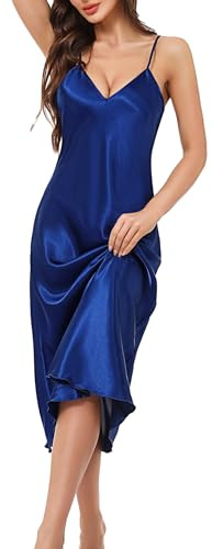 Litherday Satin Nightdress For Women Lingerie Chemise Long Negligees Silk Nighty Nightwear Full Slips Babydoll Strap Dress(Dark Blue,XL
