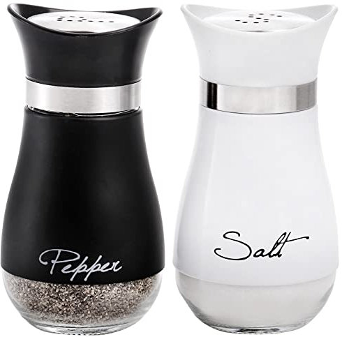 Tebery 2 Pack Refillable Salt and Pepper Shakers Set, 120ml Stainless Steel & Glass Spice Dispenser Seasoning Container for Home Cooking Camping BBQ（Black & White）
