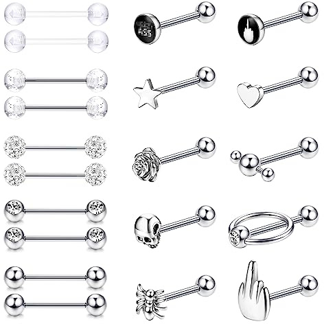 JeweBella 20 Pcs 14G Tongue Bars for Women Men Surgical Steel Nipple Bars Tongue Bar Piercing Set Silver/Black Straight Barbell Piercing Jewellery 16mm