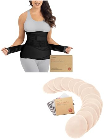 KeaBabies 3 in 1 Postpartum Belly Support Recovery Wrap and Nursing Breast Pads - Postpartum Belly Band - 14 Washable Pads + Wash Bag