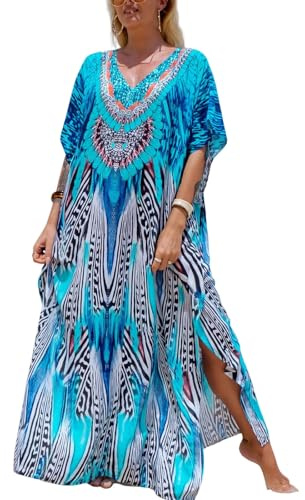 IMAGEKOPE Women's Plus Size Moroccan Print V-Neck Batwing Kaftan Loose Fit Beach Dress Bathing Suit Cover Up