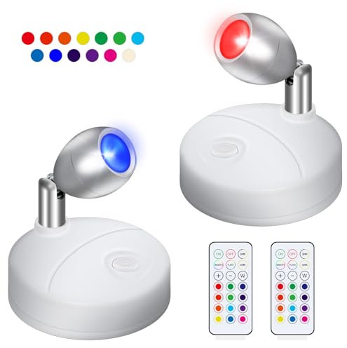 2 Pack Wireless LED Spotlights with Remote Control, Color Changing RGB Battery Spot Lights Indoor, Mini Picture Light Dimmer Timer Wall Light for Cabinet Art Display Statue Plants Painting, White