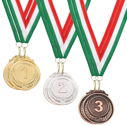 VEGCOO 6 Pezzi Medaglie Premiazioni Metallo, Medaglie per Bambini Medaglie Dorate Argento Bronzo, Winner Medaglie Bambini con Nastri al Collo per Feste di Giorno di Sport Scolastico Concorsi (C)