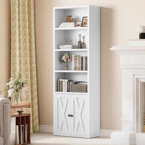YITAHOME Bookcase, Floorstanding Bookshelves with Cupboard Industrial Shelves Storage Rack Wooden Cube Shelf Tall Storage Cabinet for Living Room, Study, Kitchen, Home Office, White Bookshelf