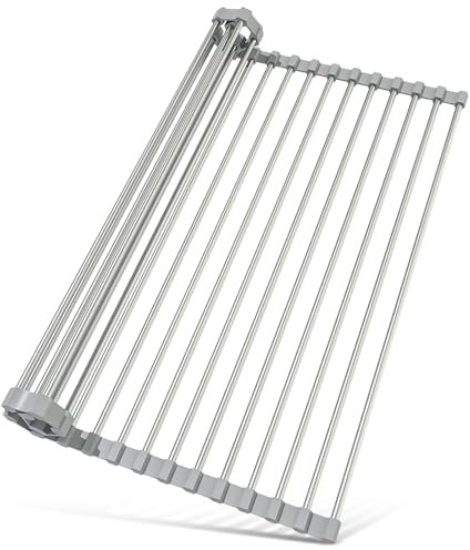 Qelora Egouttoir Vaisselle sur Evier INOX - Égouttoirs à Vaisselle Pliable et Amovible, Séchage Rapide & Gain d'Espace - pour Vaisselle, Fruits et Légumes (Gris)