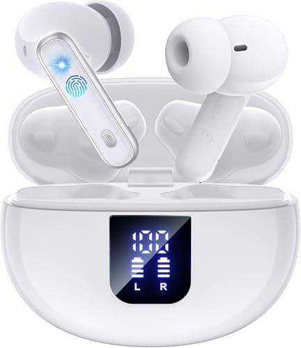 EUQQ Auriculares Inalámbricos Blanco-Bluetooth 5.4 con Modo Transparente,ANC&ENC Cancelación de Ruido Profunda,Micrófono Estéreo,46 Horas de Reproducción,Pantalla LED,IP7 Impermeable