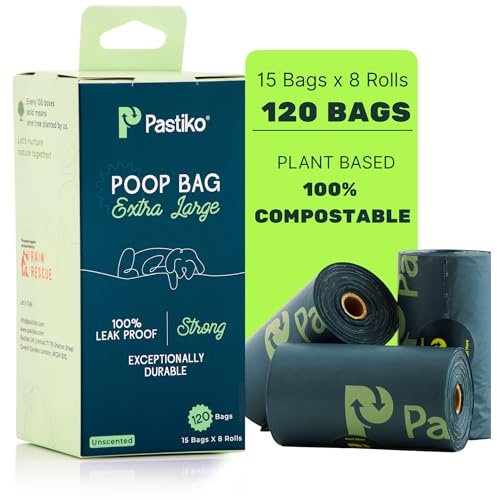 Pastiko Bolsas 100 % compostables para excrementos de perro, 120 bolsas ecológicas biodegradables garantizadas, a prueba de fugas, sin plástico grueso, rollos de repuesto para perros, hechos de