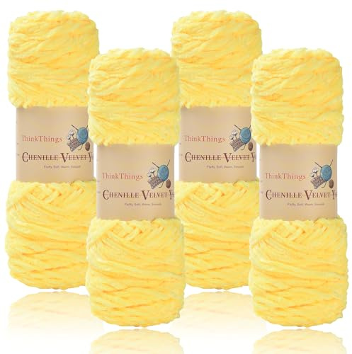 ThinkThings Chenille Yarn for Crocheting, Baby Blanket Yarns, Chunky Knitting Fluffy Velvet, Bulky 4 Pack 14OZ, 4 x 394FT, DIY Crafts Plush (Yellow)