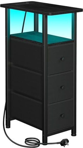 LOAKEKEL Narrow Bedside Table, Slim Side Table with Charging Station