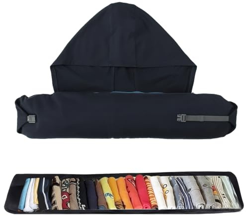 XPEX 1 Pezzi Cuscino Da Viaggio Da Riempire Con Cappuccio, Con Vestiti, Taglia Collo Regolabile, Multifunzionale Per Aereo E Bagagli Extra（Nero）