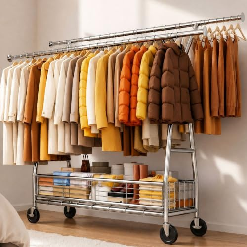 Klyvvo Kleiderständer auf Rollen mit Doppelstange & Netzkorb, 200 kg Schwerlast-Tragkraft, reichlich Stauraum für Kleidung & Accessoires