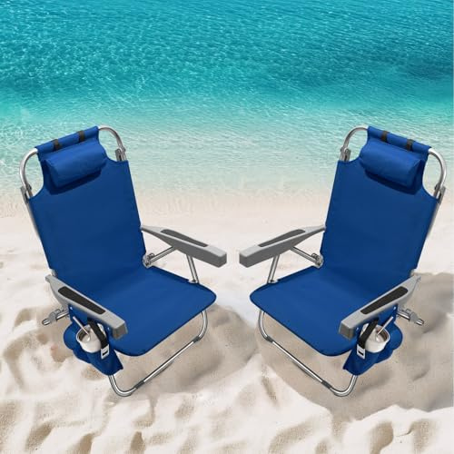 PASAMIC Backpack Beach Chairs for Adults 2 Pack Portable, Lay Flat Reclining Beach Chairs with 5 Positions, Tall Heavy Duty Folding Chair with Cup Holder, Cooler Pouch, Towel Bar, Navy