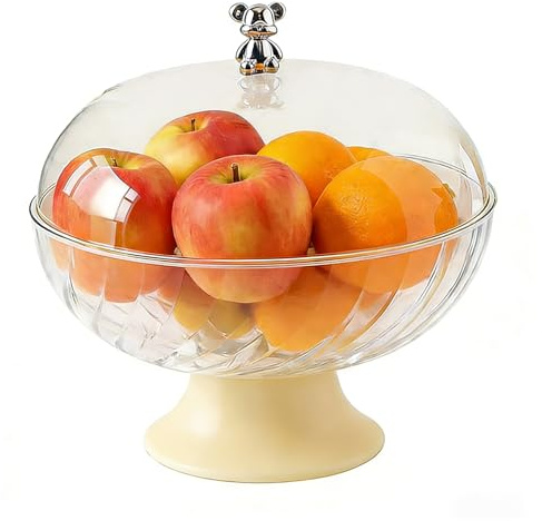 Hynorian Obstschale mit Deckel und Abtropfeinsatz Transparent – Kunststoff Fruchtschale mit Fuß für Tischdeko und Küche, Snackschale mit Haube für Hochzeit, Party, Dessert, moderne Servierschale