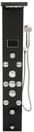 Pannello doccia a LED nero con cascata di pioggia, 8 ugelli massaggianti e doccetta a mano, sistema doccia in acciaio inox con termostato, montaggio a parete, colonna doccia con 114 cm di altezza e