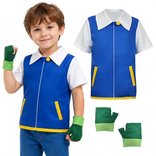 Yunlaishaocer Costume de Cosplay d'Anime, Veste Bleue Ensemble de Gants Costume d'anime Classique, Costume de Cosplay Homme et Femme, pour Halloween et Carnaval, Spectacles Sur Scène (Enfants, 130)