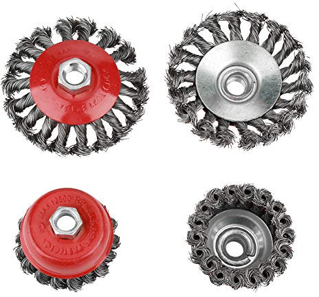 GOTOTOP Cepillo de alambre trenzado de alambre de acero, 2 x 75 mm + 2 x 105 mm Rotary Twist Knot taza plana alambre de acero rueda cepillo juego para amoladora angular óxido color eliminación