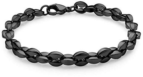 555Jewelry Stainless Steel Solid Unisex Womens Mens Hollow Coffee Bean Link Stylish Solid Lightweight Fashion Jewelry Accessory Chain Bangle Bracelet, Black 7.5 Inch