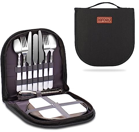Camping Besteck Set, Outdoor Reisebesteck mit Gabeln Löffel Messer Flaschenöffner Teller und ideal für Outdoor Kochgeschirr Reisen Wandern Camping Perfekt für 1-2 Personen