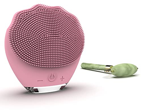 Wottocare Wiederaufladbares Silikon-Gesichtsreinigungs- und Massagegerät mit natürlicher Jade-Rolle und Tragetasche - Intelligente Reinigung für alle Hauttypen - Anti-Aging-Massagegerät - Rosa