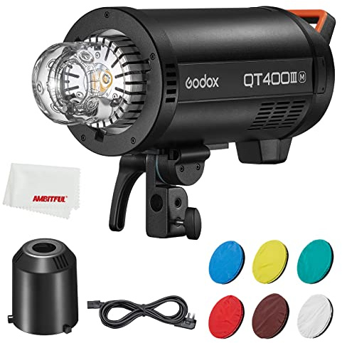 Godox QT400III Flash da studio veloce, sistema X wireless 2.4G integrato, modalità HSS, modalità temperatura colore stabile, luce pilota da 40 W, tempo di riciclaggio 0,01-0,9 s, per flash da studio